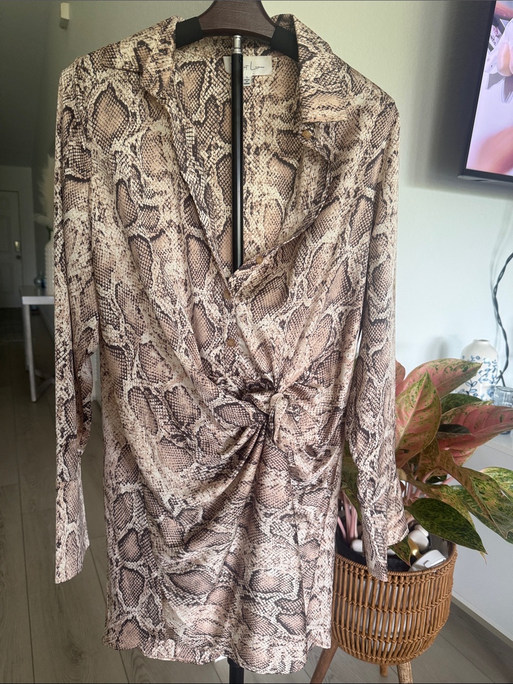 Neutral Brown Snake-Print Tie-Waist Long Sleeve Dress